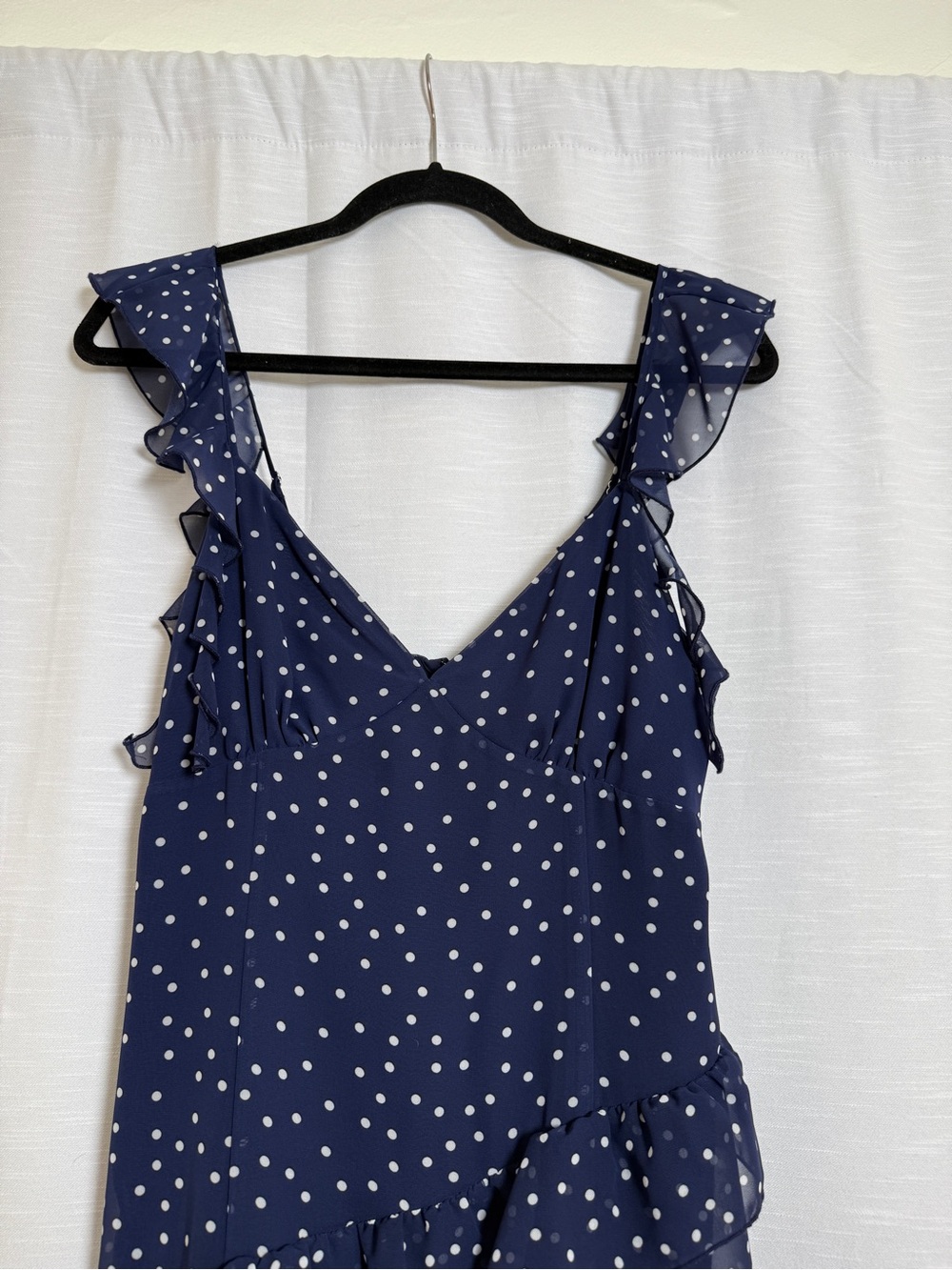 BP Navy Polka Dot Asymmetric Ruffle Tiered Maxi Dress | Size M - Picture 11 of 17